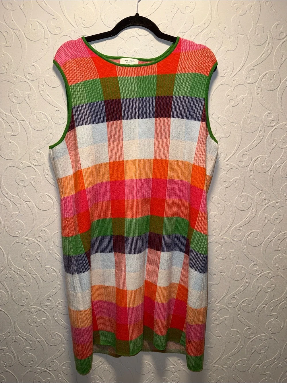 Kate spade Multicolor Plaid Knit Sleeveless Dress with Green Trim